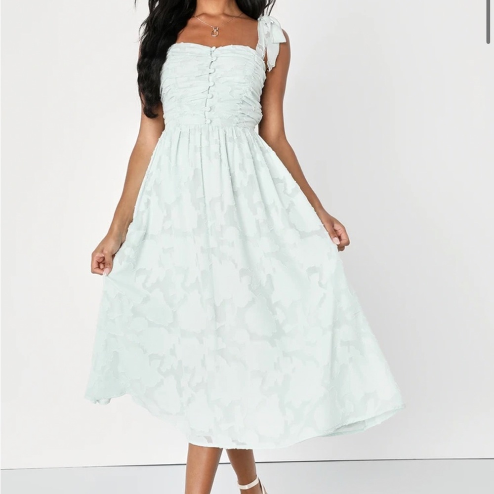 Lulus sage green burnout ruched tie strap midi dress